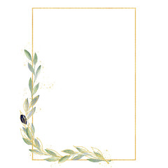 Watercolor greenery olive frame in green and gold colors. Frame, border, background.