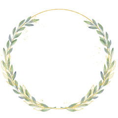 Watercolor greenery olive frame in green and gold colors. Frame, border, background.