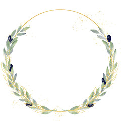 Watercolor greenery olive frame in green and gold colors. Frame, border, background.
