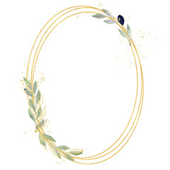 Watercolor greenery olive frame in green and gold colors. Frame, border, background.