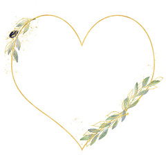 Watercolor greenery olive frame in green and gold colors. Frame, border, background.