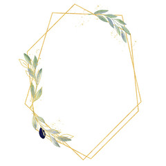 Watercolor greenery olive frame in green and gold colors. Frame, border, background.