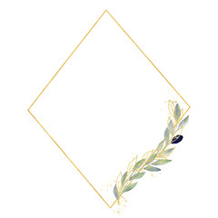 Watercolor greenery olive frame in green and gold colors. Frame, border, background.
