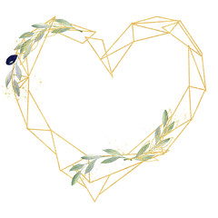 Watercolor greenery olive frame in green and gold colors. Frame, border, background.