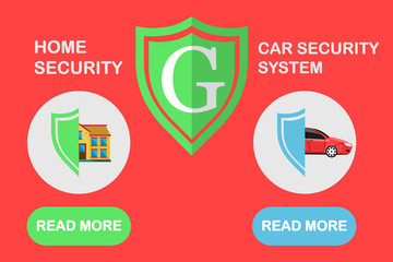 Car, house with shield isolated on background. Auto, home insurance, alarm, security system concept. Vector flat design