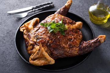 Tasty stuffed chicken. Baked chicken with pancakes and  mushrooms.