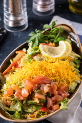 Salted salmon and fresh vegetables with yellow cheese. Closeup