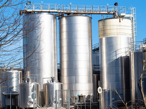 outdoor tanks of dairy factory in Certosa di Pavia