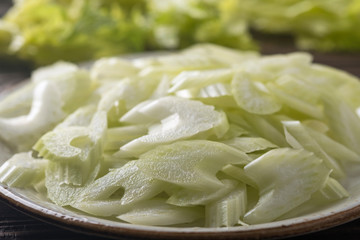 Fresh sliced celery  on a plate. Chopped celery
