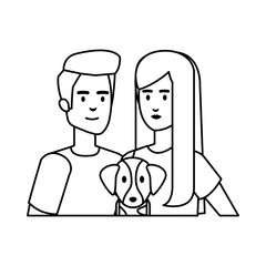 young couple with smartphone and dog