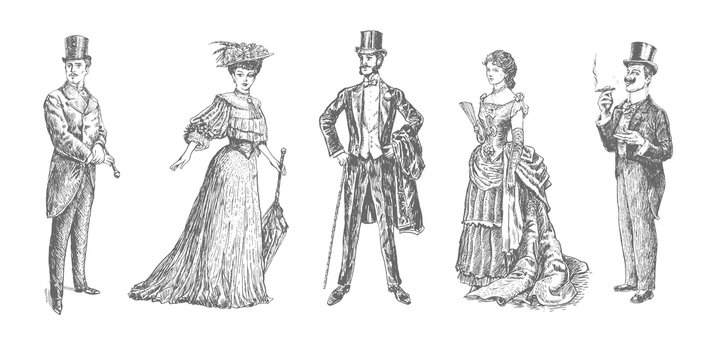 ladies and gentlemen. Man and woman figure collection. Victorian Clothing. Vintage Hand Drawn Set. Retro Illustration in ancient engraving style