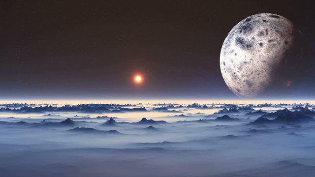Flight over Alien Planet. Above the misty horizon a huge blue planet, a bright sun in the starry sky. Desert landscape consisting of mountains and valleys is covered with thick blue haze.