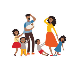 Vector parenting problem big family tired parents