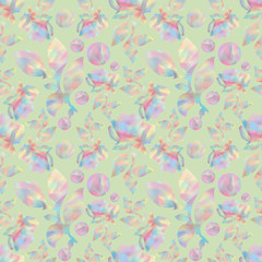 Fototapeta na wymiar Floral Seamless pattern. Roses flowers in pastel on a green background. Collage from leaves and flowers, balls. Pattern for textile or wallpaper.