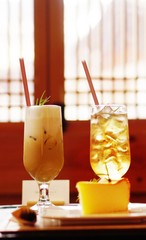 a couple for glass of coffee and tea with soft cake