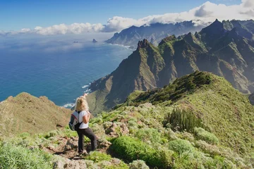Printed roller blinds Canary Islands Woman hiker watching beautiful costal scenery. - Tenerife, Canary Islands,  Spain. Western coast view, mountain Anaga