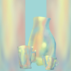 Milk jug and cups. Copy space. Background and concept for kitchen and restaurants.