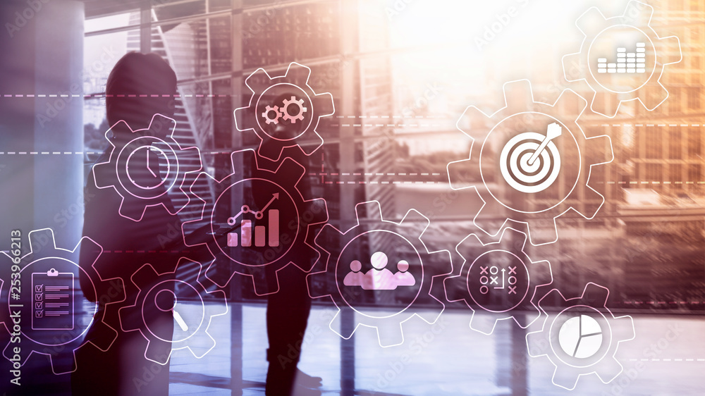 Poster business process automation concept. gears and icons on abstract background