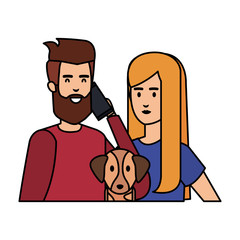 young couple with smartphone and dog