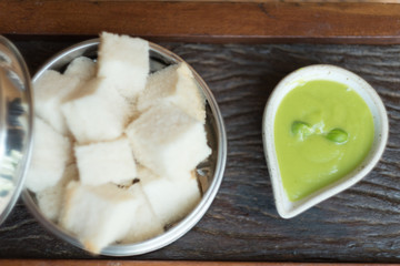 Green pandan custard slice of bread, top view