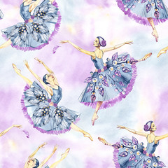 Seamless pattern of ballet dancers, watercolor painting. It can be used for card, postcard, cover, invitation, wedding card, mothers day card, birthday card, poster, print.