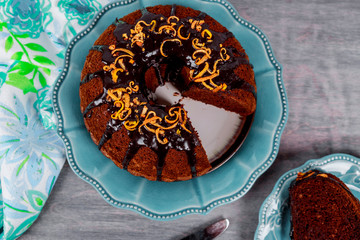 chocolate chip pound cake sliced with chocolate glaze on top