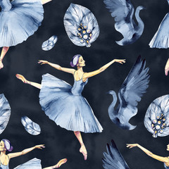 Ballet seamless pattern with ballerina symbols: tutu, pointe, swan. Cute backdrop for ballet school, dance class invitation flyers and cards decoration. Gold and pink illustration on white background. © Natali_Mias