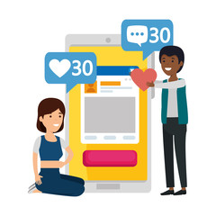 young couple with smartphone and social media