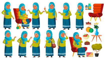 Arab, Muslim Old Woman Poses Set Vector. Elderly People. Senior Person. Aged. Cute Retiree. Activity. Advertisement, Greeting, Announcement Design. Isolated Cartoon Illustration