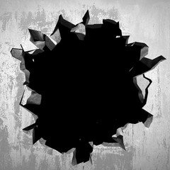 Dark cracked broken hole in concrete wall