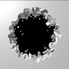 Dark destruction cracked hole in white stone wall