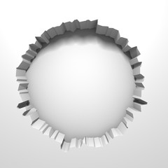 Dark destruction cracked hole in white stone wall