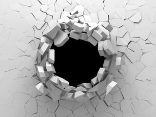 Dark destruction cracked hole in white stone wall