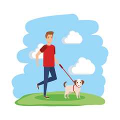 Obraz na płótnie Canvas young man walking with dog