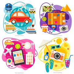 Fotobehang Time for travel four concept banners. Square composition, vector illustrations. Trendy ameoba style © izabelita