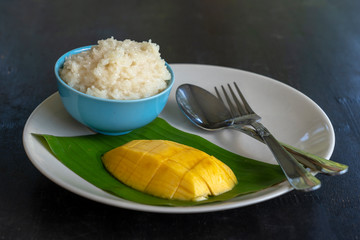 Thai style dessert, mango with sticky rice on plate. Yellow mango and sticky rice is popular traditional dessert of Thailand