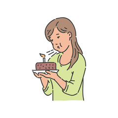 Vector young girl blows candle at chocolate cake