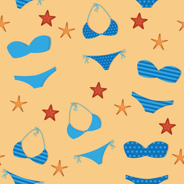 seamless pattern summer holidays design with blue bikinis and starfish vector illustration EPS10