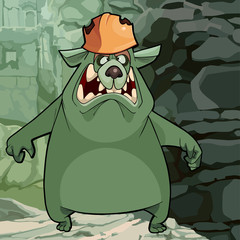 cartoon angry green bear in tattered helmet