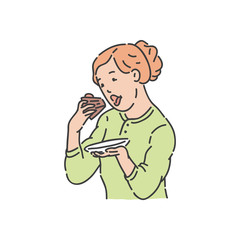 Vector redhead woman eat piece of cake