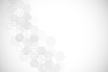 Fototapeta premium Abstract background of science and innovation technology. Technical background with hexagons pattern and molecular structures.