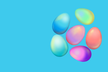 Colorful Easter eggs on blue background, copy space. Greeting cards for Easter, print, poster.