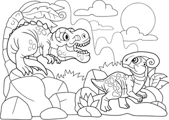 Cartoon cute dinosaurs coloring book, funny illustration