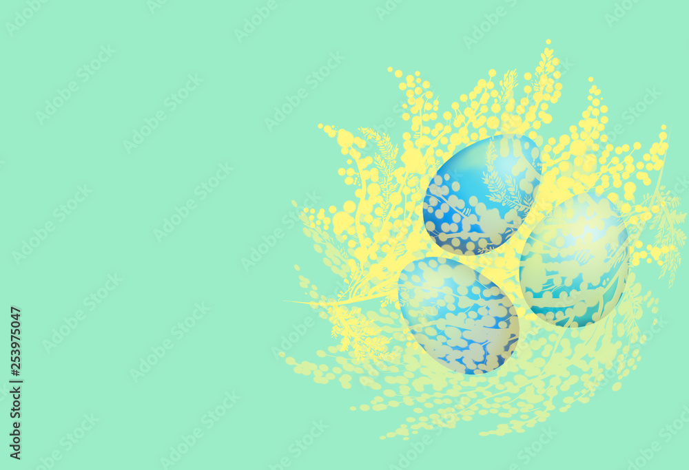 Wall mural Colorful Easter eggs and mimosa branches on green background, copy space. Greeting cards for Easter, print, poster.