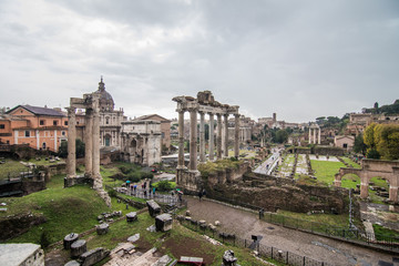 Fototapeta na wymiar Rome, Italy - November, 2018: The Roman Forum beautiful representative picture of antique ruins. The historical center of the Forever City.