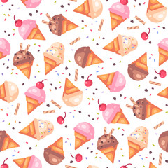 Various ice cream cones seamless pattern