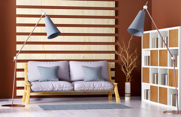 Interior design of modern living room with sofa, bookcase and floor lamp, 3d rendering