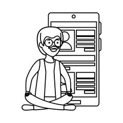 old man in lotus position with smartphone