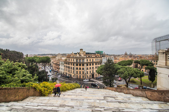Rome, Italy - November, 2018: View of Il Campidoglio, one of the seven hills in Rome, from the Cordonata the Palazzo Senatorio, where actually the Rome town hall