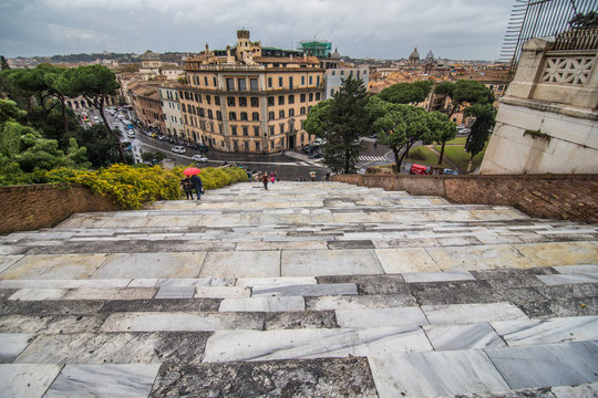 Rome, Italy - November, 2018: View of Il Campidoglio, one of the seven hills in Rome, from the Cordonata the Palazzo Senatorio, where actually the Rome town hall
